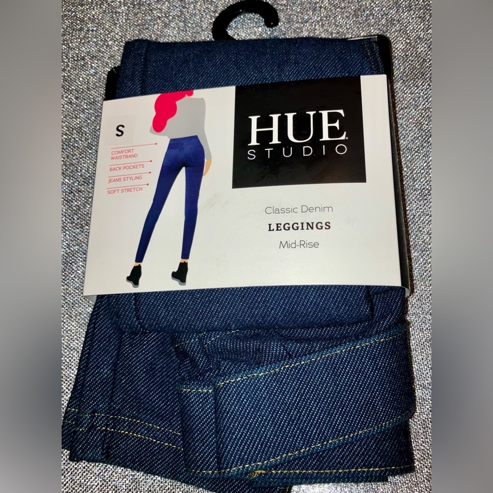 Women’s Hue Studio Classic Denim Leggings Mid Rise Knit Jean,Deep Indigo, S M